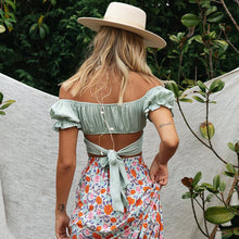 Load image into Gallery viewer, FANCYINN Women's Ruffle Off Shoulder Crop Top Strapless Short Sleeve Tie Blouse