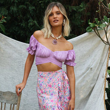 Load image into Gallery viewer, FANCYINN Women's Ruffle Off Shoulder Crop Top Strapless Short Sleeve Tie Blouse