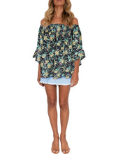 Load image into Gallery viewer, FANCYINN Womens Smocked Off Shoulder Top 3/4 Lace Patchwork Flared Sleeves Floral Ruffles Blouse