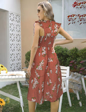 Load image into Gallery viewer, FANCYINN Womens Elegant Smocked Dress Ruffles Cap Sleeves Summer Floral Midi Shirred Dress with Pockets