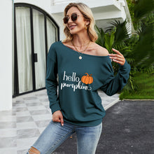 Load image into Gallery viewer, FANCYINN Women Sweatershirt Halloween Hello Pumpkin Printed Off Shoulder Pullover Casual Graphic Fall Long Sleeve T Shirt Tops