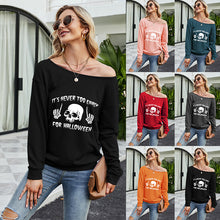 Load image into Gallery viewer, FANCYINN Women Sweatershirt Halloween It's Never Too Early For Halloween Printed Off Shoulder Pullover Casual Graphic Fall Long Sleeve T Shirt Tops