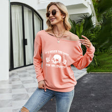 Load image into Gallery viewer, FANCYINN Women Sweatershirt Halloween It's Never Too Early For Halloween Printed Off Shoulder Pullover Casual Graphic Fall Long Sleeve T Shirt Tops