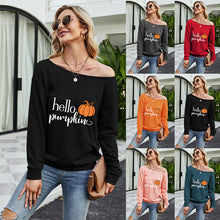 Load image into Gallery viewer, FANCYINN Women Sweatershirt Halloween Hello Pumpkin Printed Off Shoulder Pullover Casual Graphic Fall Long Sleeve T Shirt Tops
