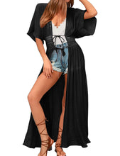 Load image into Gallery viewer, FANCYINN Womens Long Lace Cover up Sheer Bikini Coverups Kimono Tie Front Bathing Suit Swimsuit Beachwear