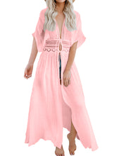Load image into Gallery viewer, FANCYINN Womens Long Lace Cover up Sheer Bikini Coverups Kimono Tie Front Bathing Suit Swimsuit Beachwear