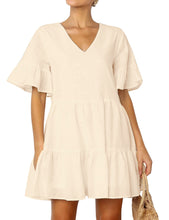 Load image into Gallery viewer, FANCYINN Women’s Cute Shift Dress with Pockets Bell Sleeve Ruffle Hem V Neck Loose Swing Tunic Mini Dress
