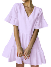 Load image into Gallery viewer, FANCYINN Women’s Cute Shift Dress with Pockets Bell Sleeve Ruffle Hem V Neck Loose Swing Tunic Mini Dress