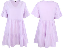 Load image into Gallery viewer, FANCYINN Women’s Cute Shift Dress with Pockets Bell Sleeve Ruffle Hem V Neck Loose Swing Tunic Mini Dress