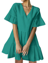 Load image into Gallery viewer, FANCYINN Women’s Cute Shift Dress with Pockets Bell Sleeve Ruffle Hem V Neck Loose Swing Tunic Mini Dress