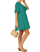 Load image into Gallery viewer, FANCYINN Women’s Cute Shift Dress with Pockets Bell Sleeve Ruffle Hem V Neck Loose Swing Tunic Mini Dress