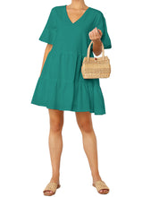Load image into Gallery viewer, FANCYINN Women’s Cute Shift Dress with Pockets Bell Sleeve Ruffle Hem V Neck Loose Swing Tunic Mini Dress