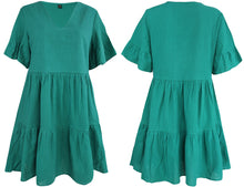 Load image into Gallery viewer, FANCYINN Women’s Cute Shift Dress with Pockets Bell Sleeve Ruffle Hem V Neck Loose Swing Tunic Mini Dress