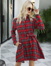 Load image into Gallery viewer, Ladies Autumn Plaid Checks Slim Long Sleeve Casual Mini Tunic Shirt Tartan Dress
