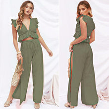 Load image into Gallery viewer, Womens 2 Pieces Outfits Set Ruffle Crop Top Drawstring Side Split Wide Leg Pants
