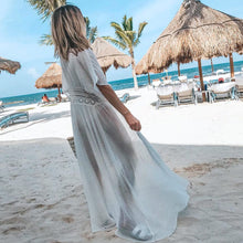 Load image into Gallery viewer, FANCYINN Womens Long Lace Cover up Sheer Bikini Coverups Kimono Tie Front Bathing Suit Swimsuit Beachwear