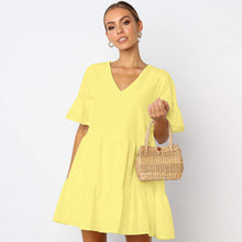 Load image into Gallery viewer, FANCYINN Women’s Cute Shift Dress with Pockets Bell Sleeve Ruffle Hem V Neck Loose Swing Tunic Mini Dress