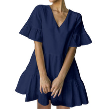 Load image into Gallery viewer, FANCYINN Women’s Cute Shift Dress with Pockets Bell Sleeve Ruffle Hem V Neck Loose Swing Tunic Mini Dress