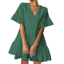 Load image into Gallery viewer, FANCYINN Women’s Cute Shift Dress with Pockets Bell Sleeve Ruffle Hem V Neck Loose Swing Tunic Mini Dress