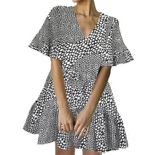 Load image into Gallery viewer, FANCYINN Women’s Cute Shift Dress with Pockets Bell Sleeve Ruffle Hem V Neck Loose Swing Tunic Mini Dress