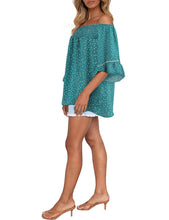 Load image into Gallery viewer, FANCYINN Womens Smocked Off Shoulder Top 3/4 Lace Patchwork Flared Sleeves Floral Ruffles Blouse
