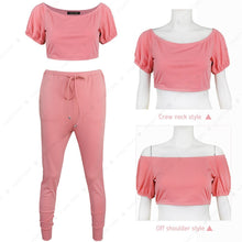 Load image into Gallery viewer, Women Off Shoulder 2 Pieces Outfits Tracksuit Strapless Crop Tops Sweatpants Set
