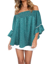 Load image into Gallery viewer, FANCYINN Womens Smocked Off Shoulder Top 3/4 Lace Patchwork Flared Sleeves Floral Ruffles Blouse
