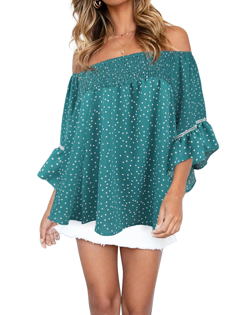 FANCYINN Womens Smocked Off Shoulder Top 3/4 Lace Patchwork Flared Sleeves Floral Ruffles Blouse