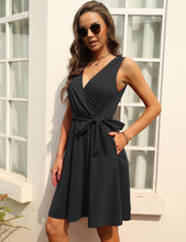 Load image into Gallery viewer, FANCYINN Womens Wrap Dress Sleeveless A-Line V-Neck Cocktail Swing Dresses with Pockets and Belt
