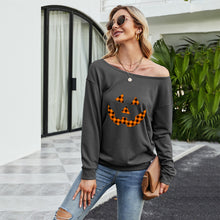 Load image into Gallery viewer, FANCYINN Women Sweatershirt Halloween Smiley Printed Off Shoulder Pullover Casual Graphic Fall Long Sleeve T Shirt Tops
