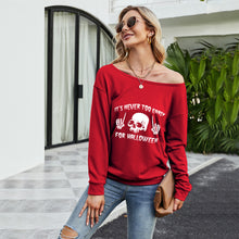 Load image into Gallery viewer, FANCYINN Women Sweatershirt Halloween It&#39;s Never Too Early For Halloween Printed Off Shoulder Pullover Casual Graphic Fall Long Sleeve T Shirt Tops
