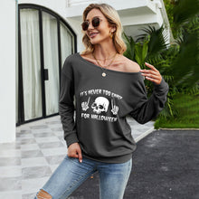 Load image into Gallery viewer, FANCYINN Women Sweatershirt Halloween It&#39;s Never Too Early For Halloween Printed Off Shoulder Pullover Casual Graphic Fall Long Sleeve T Shirt Tops
