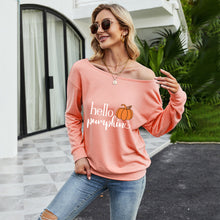 Load image into Gallery viewer, FANCYINN Women Sweatershirt Halloween Hello Pumpkin Printed Off Shoulder Pullover Casual Graphic Fall Long Sleeve T Shirt Tops
