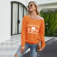 Load image into Gallery viewer, FANCYINN Women Sweatershirt Halloween It&#39;s Never Too Early For Halloween Printed Off Shoulder Pullover Casual Graphic Fall Long Sleeve T Shirt Tops
