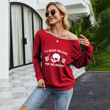 Load image into Gallery viewer, FANCYINN Women Sweatershirt Halloween It&#39;s Never Too Early For Halloween Printed Off Shoulder Pullover Casual Graphic Fall Long Sleeve T Shirt Tops
