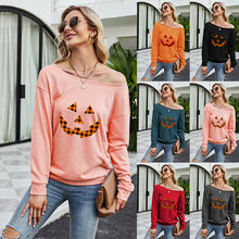 Load image into Gallery viewer, FANCYINN Women Sweatershirt Halloween Smiley Printed Off Shoulder Pullover Casual Graphic Fall Long Sleeve T Shirt Tops
