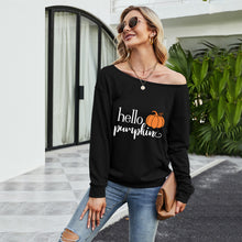 Load image into Gallery viewer, FANCYINN Women Sweatershirt Halloween Hello Pumpkin Printed Off Shoulder Pullover Casual Graphic Fall Long Sleeve T Shirt Tops
