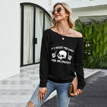 Load image into Gallery viewer, FANCYINN Women Sweatershirt Halloween It&#39;s Never Too Early For Halloween Printed Off Shoulder Pullover Casual Graphic Fall Long Sleeve T Shirt Tops
