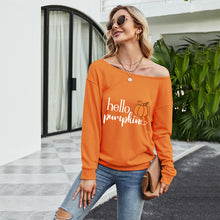 Load image into Gallery viewer, FANCYINN Women Sweatershirt Halloween Hello Pumpkin Printed Off Shoulder Pullover Casual Graphic Fall Long Sleeve T Shirt Tops
