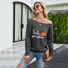 Load image into Gallery viewer, FANCYINN Women Sweatershirt Halloween Hello Pumpkin Printed Off Shoulder Pullover Casual Graphic Fall Long Sleeve T Shirt Tops
