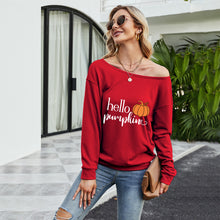 Load image into Gallery viewer, FANCYINN Women Sweatershirt Halloween Hello Pumpkin Printed Off Shoulder Pullover Casual Graphic Fall Long Sleeve T Shirt Tops
