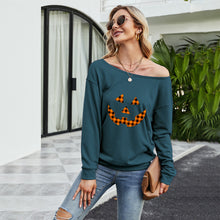 Load image into Gallery viewer, FANCYINN Women Sweatershirt Halloween Smiley Printed Off Shoulder Pullover Casual Graphic Fall Long Sleeve T Shirt Tops
