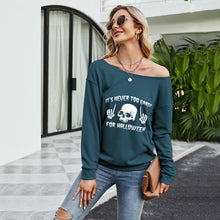 Load image into Gallery viewer, FANCYINN Women Sweatershirt Halloween It&#39;s Never Too Early For Halloween Printed Off Shoulder Pullover Casual Graphic Fall Long Sleeve T Shirt Tops
