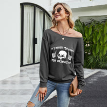 Load image into Gallery viewer, FANCYINN Women Sweatershirt Halloween It&#39;s Never Too Early For Halloween Printed Off Shoulder Pullover Casual Graphic Fall Long Sleeve T Shirt Tops
