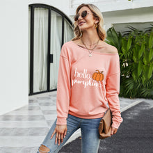 Load image into Gallery viewer, FANCYINN Women Sweatershirt Halloween Hello Pumpkin Printed Off Shoulder Pullover Casual Graphic Fall Long Sleeve T Shirt Tops
