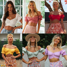 Load image into Gallery viewer, FANCYINN Women&#39;s Ruffle Off Shoulder Crop Top Strapless Short Sleeve Tie Blouse
