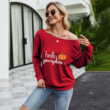 Load image into Gallery viewer, FANCYINN Women Sweatershirt Halloween Hello Pumpkin Printed Off Shoulder Pullover Casual Graphic Fall Long Sleeve T Shirt Tops
