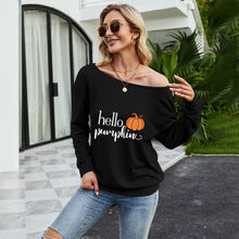 Load image into Gallery viewer, FANCYINN Women Sweatershirt Halloween Hello Pumpkin Printed Off Shoulder Pullover Casual Graphic Fall Long Sleeve T Shirt Tops
