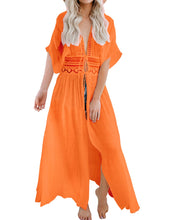 Load image into Gallery viewer, FANCYINN Womens Long Lace Cover up Sheer Bikini Coverups Kimono Tie Front Bathing Suit Swimsuit Beachwear
