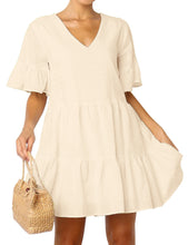 Load image into Gallery viewer, FANCYINN Women’s Cute Shift Dress with Pockets Bell Sleeve Ruffle Hem V Neck Loose Swing Tunic Mini Dress
